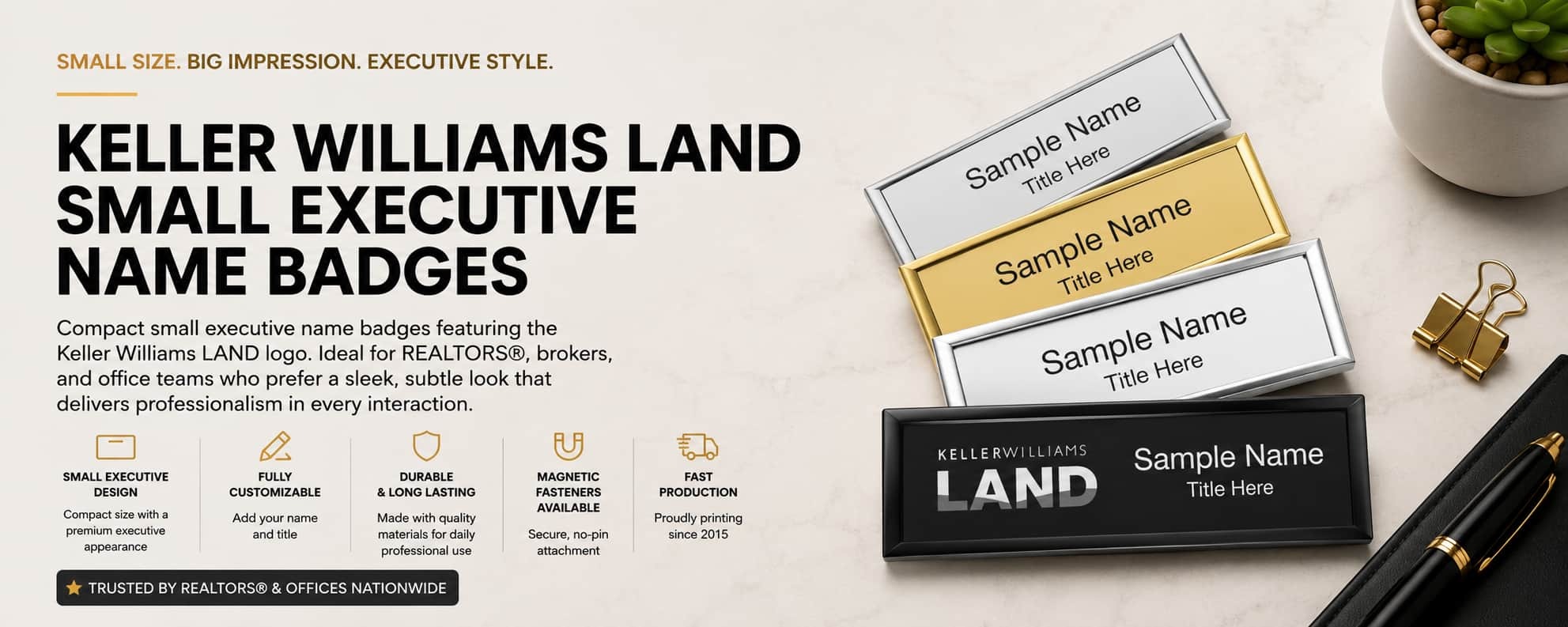 Keller Williams LAND small executive name badges for REALTORS and real estate professionals