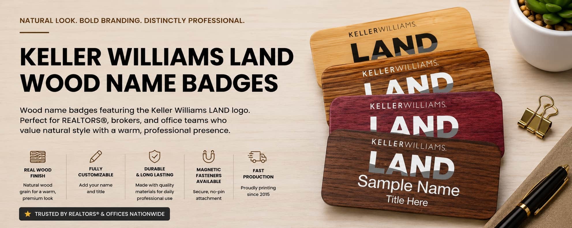 Keller Williams LAND wood name badges for REALTORS and real estate professionals