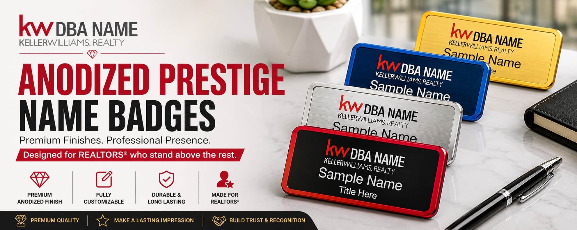 Keller Williams Logo 3 anodized prestige name badges with premium metallic REALTOR branding
