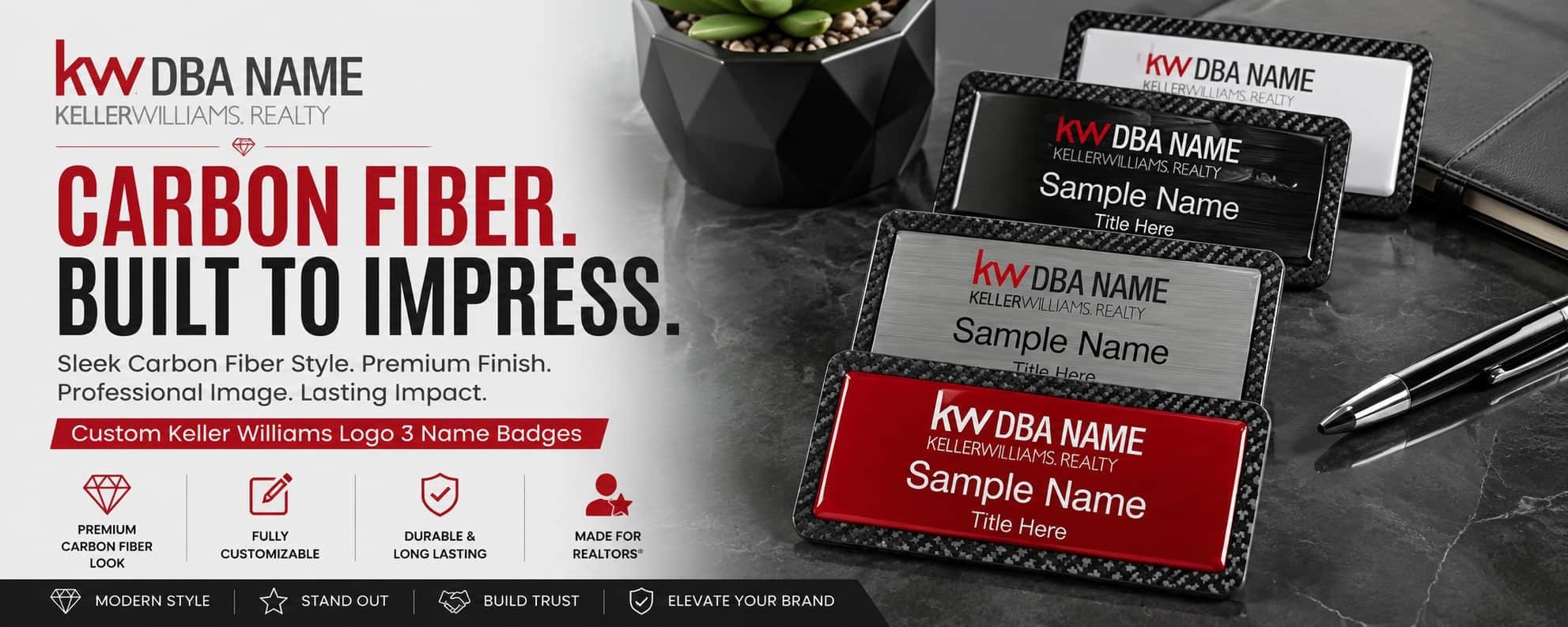 Keller Williams Logo 3 carbon fiber REALTOR name badges with modern DBA branding and premium textured finishes