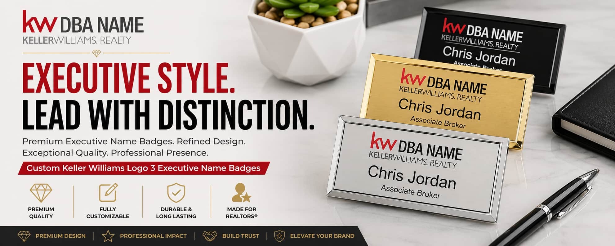 Keller Williams Logo 3 executive REALTOR name badges with premium metallic finishes and customizable DBA branding