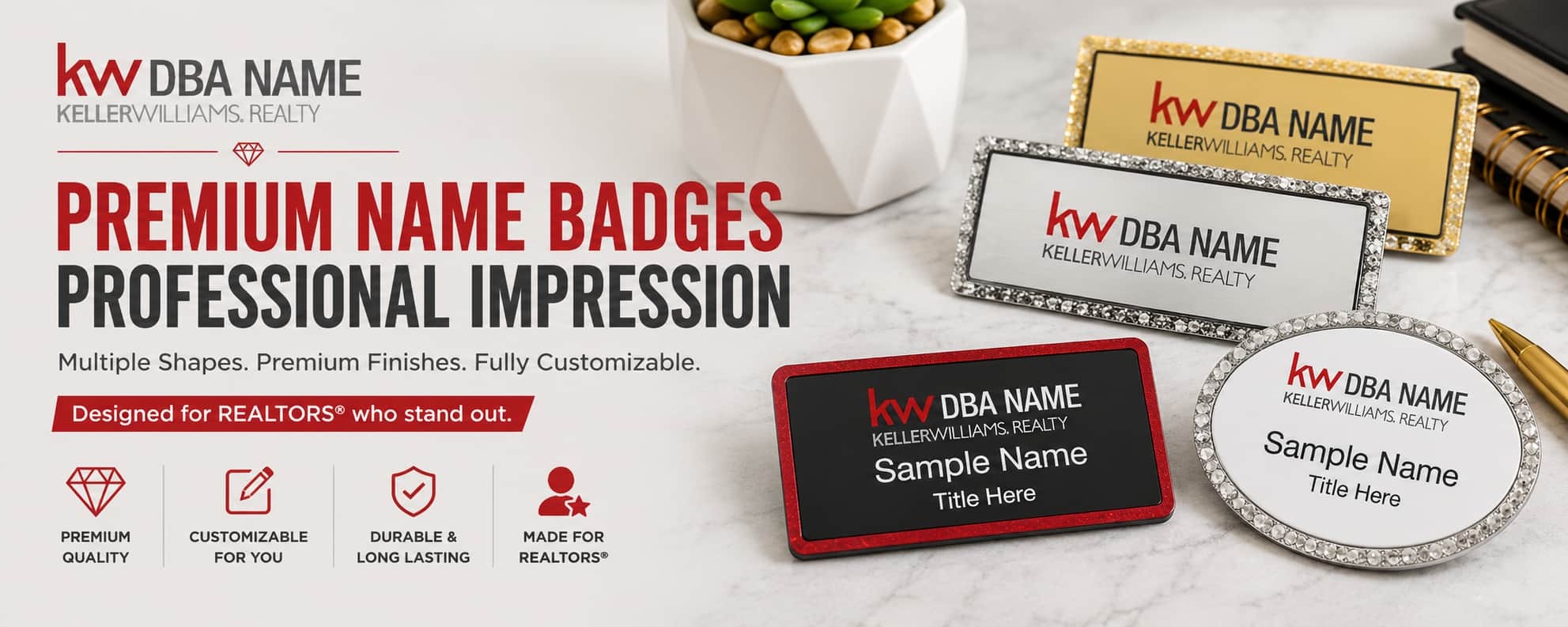Keller Williams Logo 3 custom REALTOR name badges with premium DBA branding and multiple badge styles