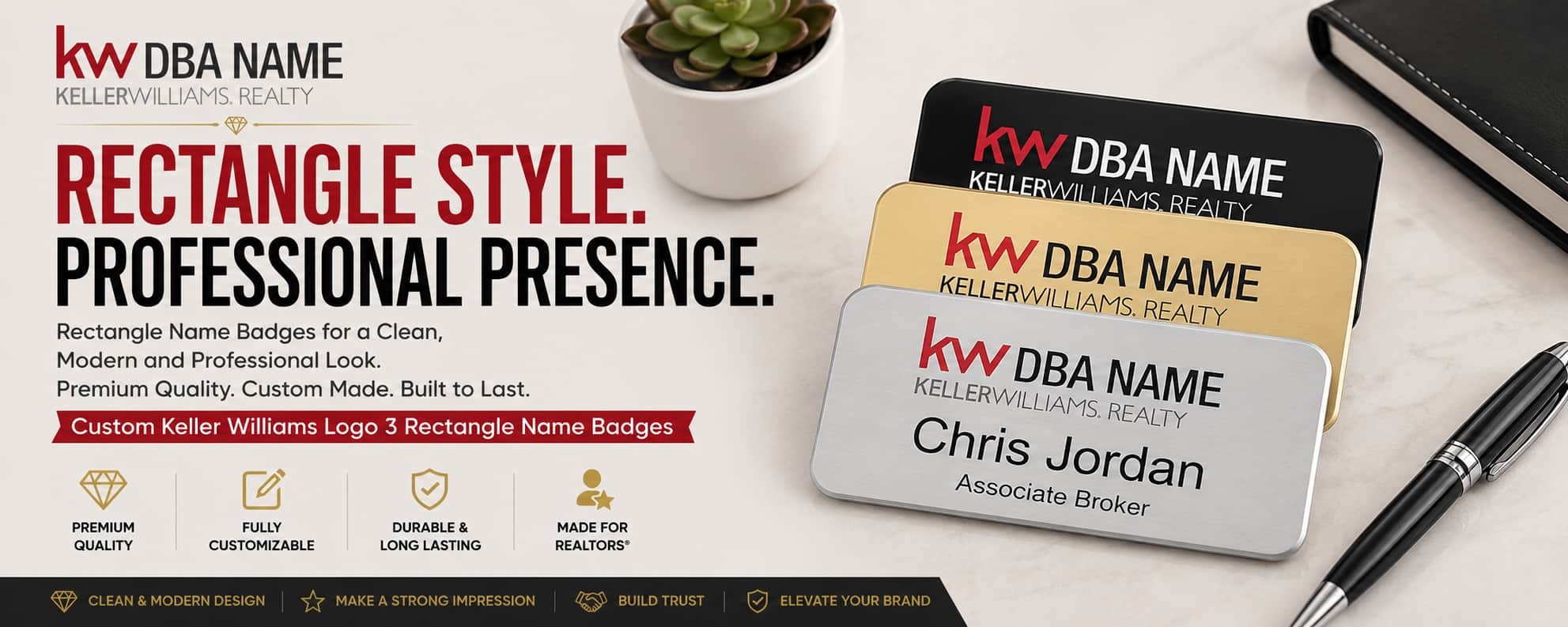 Keller Williams Logo 3 rectangle REALTOR name badges with premium metallic finishes and custom DBA branding