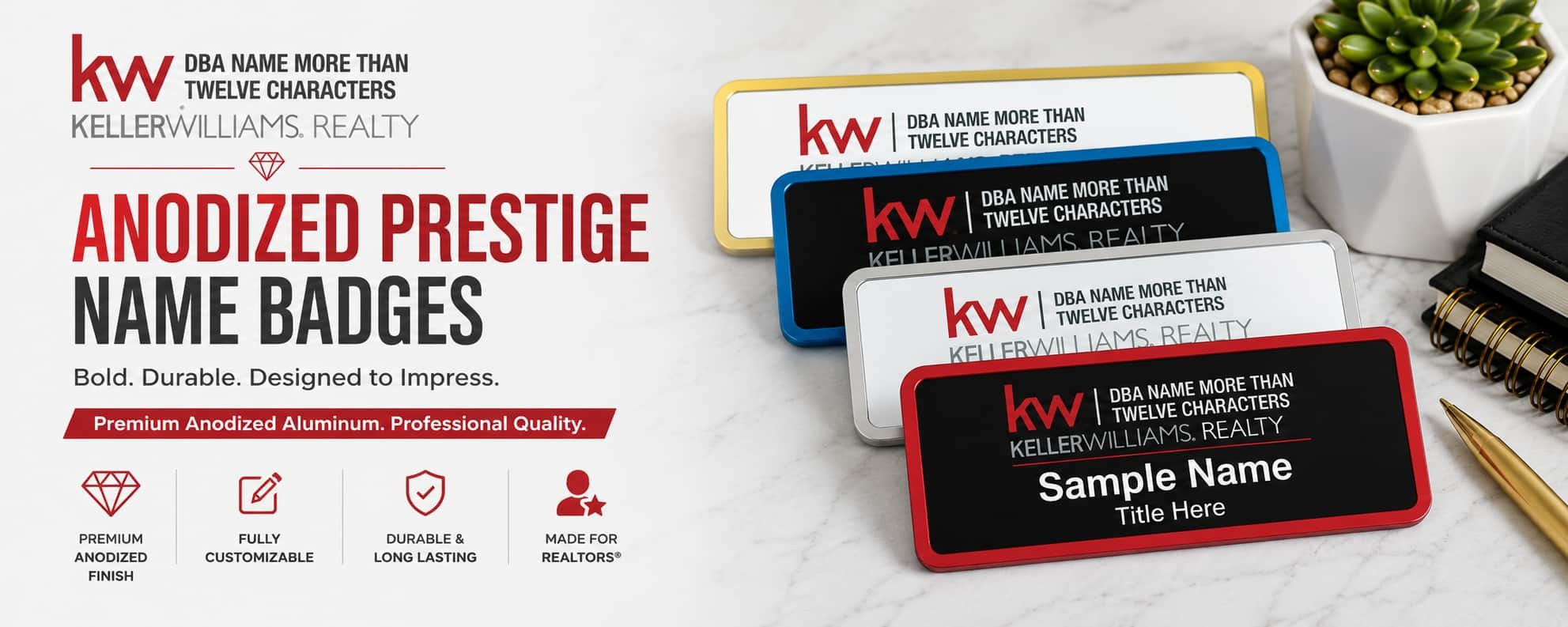 Keller Williams Logo 4 anodized prestige REALTOR name badges with premium aluminum finishes and custom badge styles