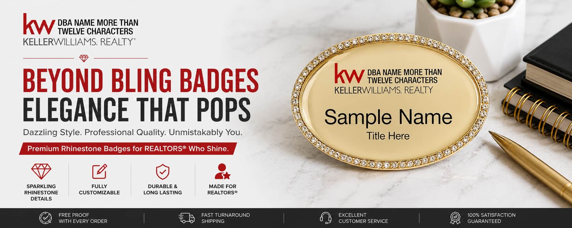 Keller Williams Logo 4 Beyond Bling REALTOR name badges with luxury crystal framed custom badge styles