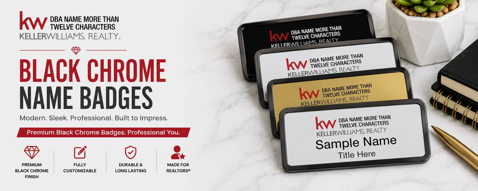 Keller Williams Logo 4 black chrome REALTOR name badges with premium metallic finishes and custom badge styles