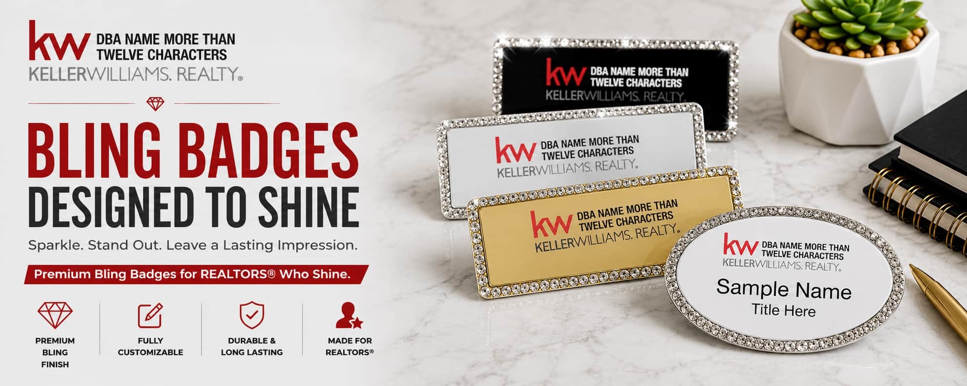 Keller Williams Logo 4 bling REALTOR name badges with sparkling crystal borders and luxury custom badge designs