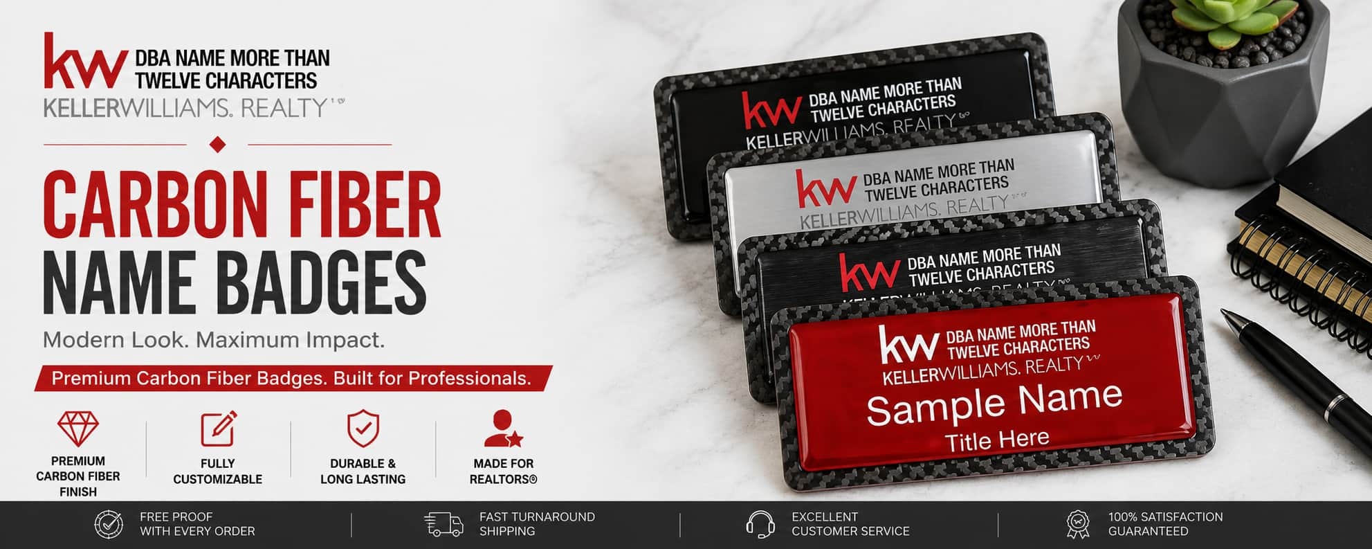Keller Williams Logo 4 carbon fiber REALTOR name badges with premium textured finishes and custom badge designs