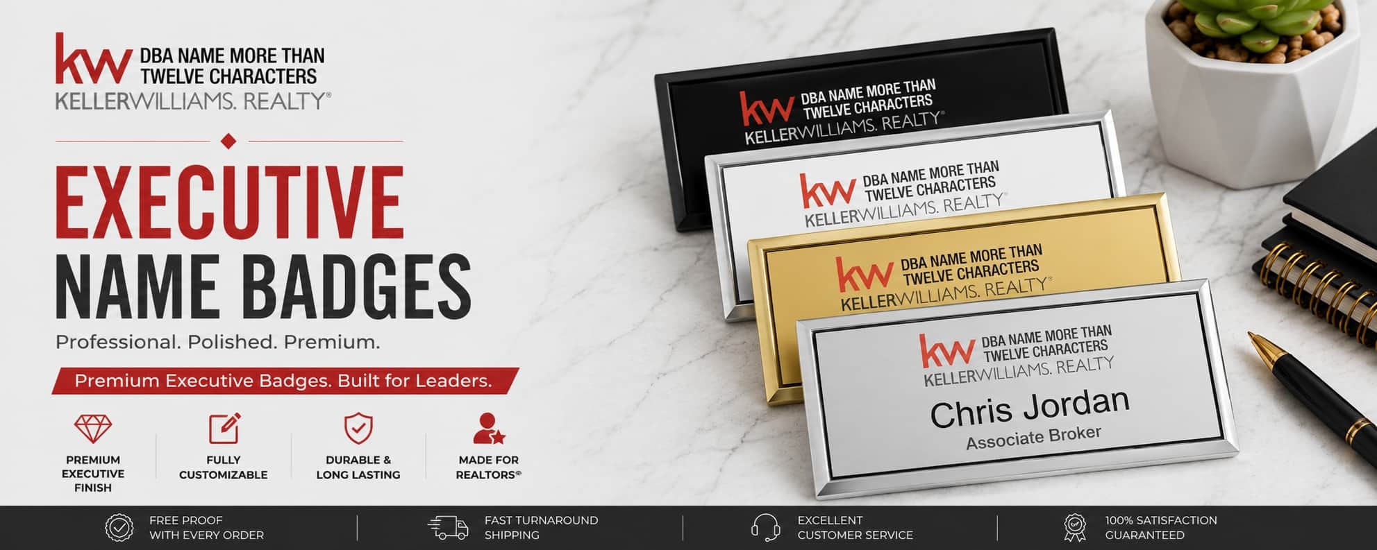 Keller Williams Logo 4 executive REALTOR name badges with premium metallic finishes and professional custom badge designs