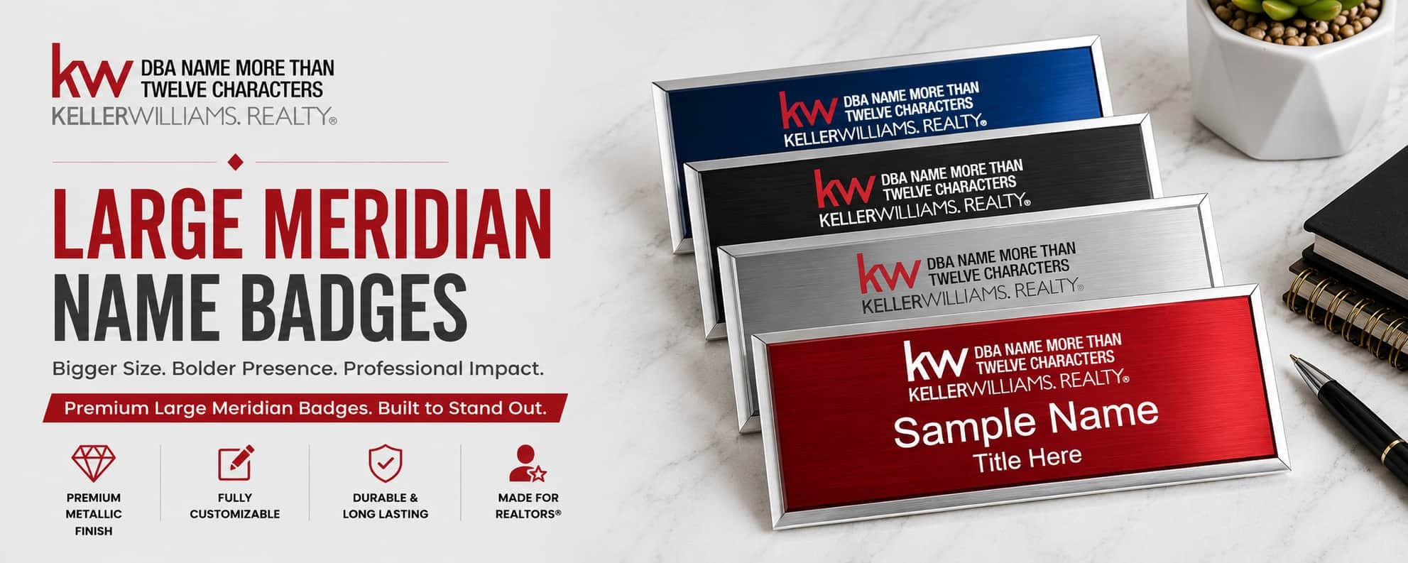 Keller Williams Logo 4 large meridian REALTOR name badges with premium metallic finishes and modern custom badge designs