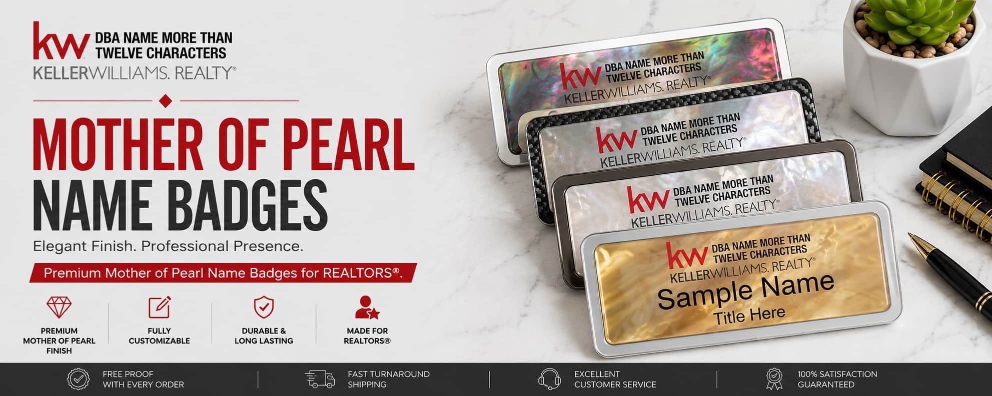 Keller Williams Logo 4 mother of pearl REALTOR name badges with iridescent finishes and premium custom badge designs