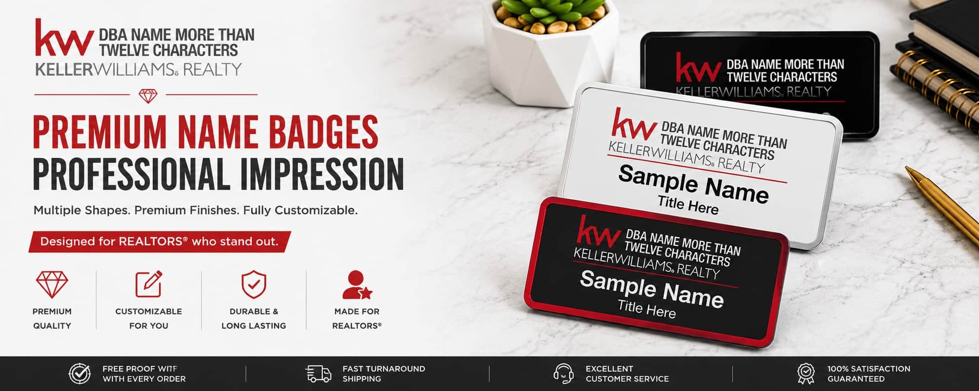 Keller Williams Realty Logo 4 custom REALTOR name badges with premium finishes and personalized badge styles