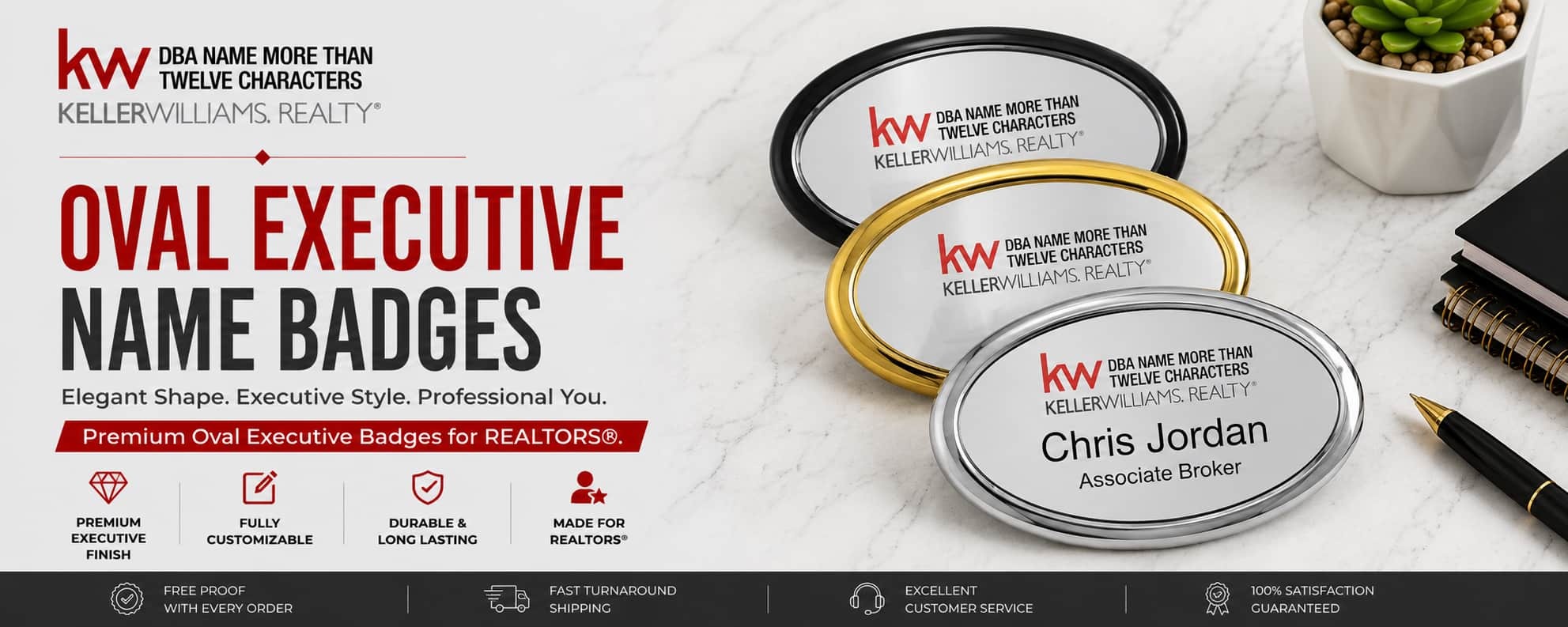 Keller Williams Logo 4 oval executive REALTOR name badges with premium metallic finishes and custom oval badge designs