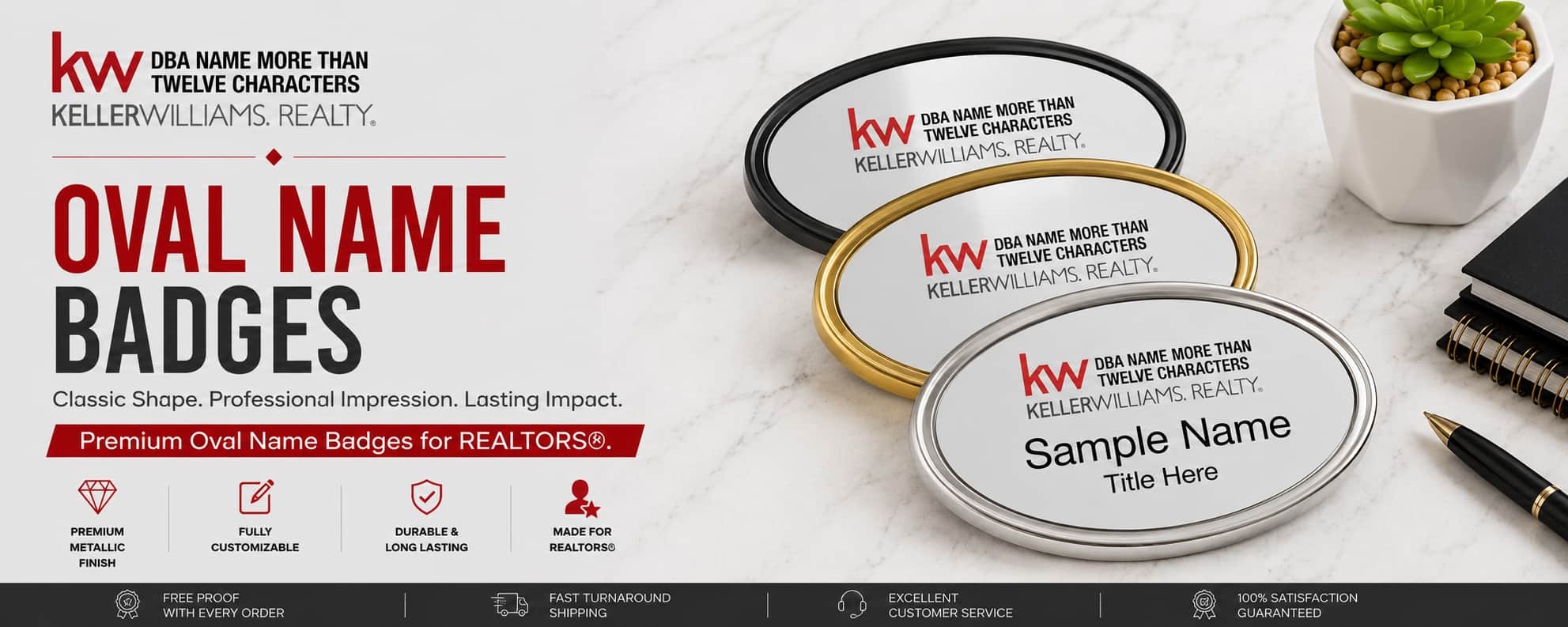 Keller Williams Logo 4 oval REALTOR name badges with premium metallic finishes and professional oval badge designs