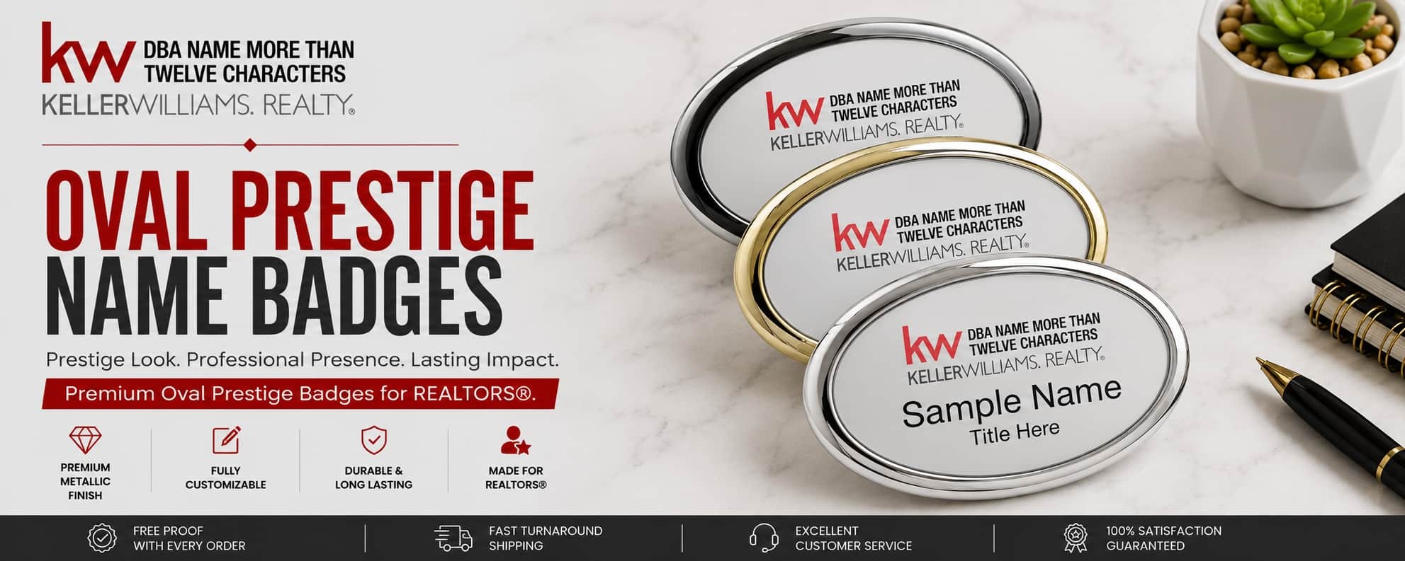 Keller Williams Logo 4 oval prestige REALTOR name badges with premium metallic finishes and elegant oval badge designs