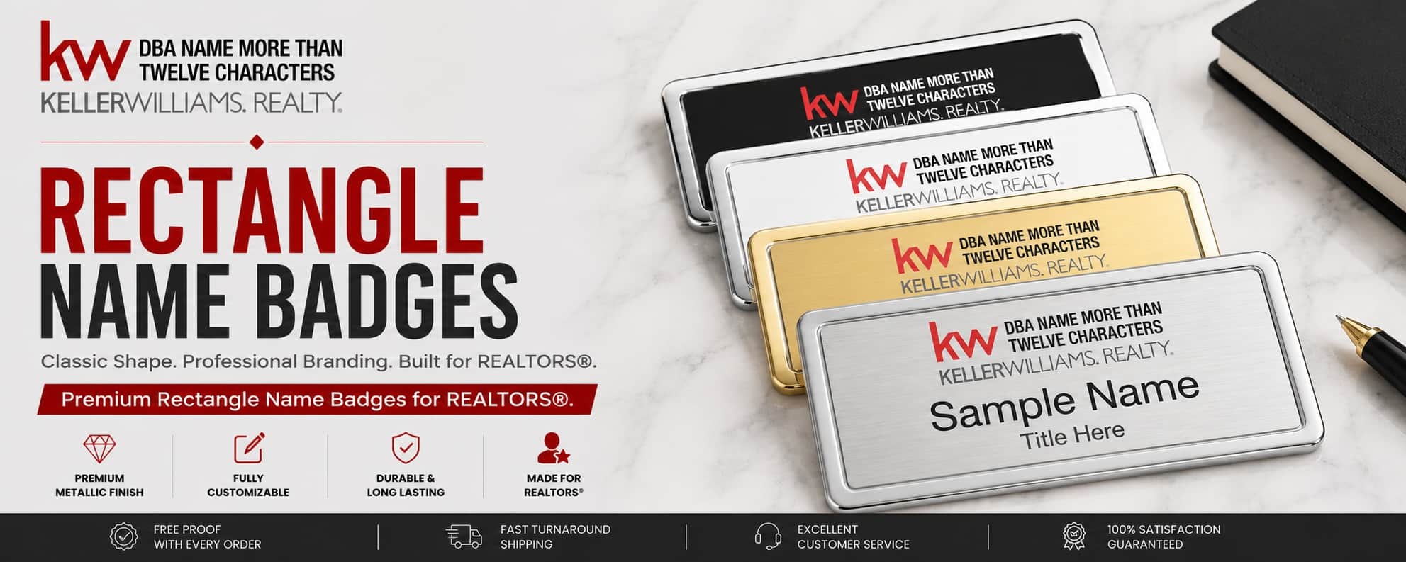 Keller Williams Logo 4 rectangle REALTOR name badges with premium metallic finishes and professional custom badge designs