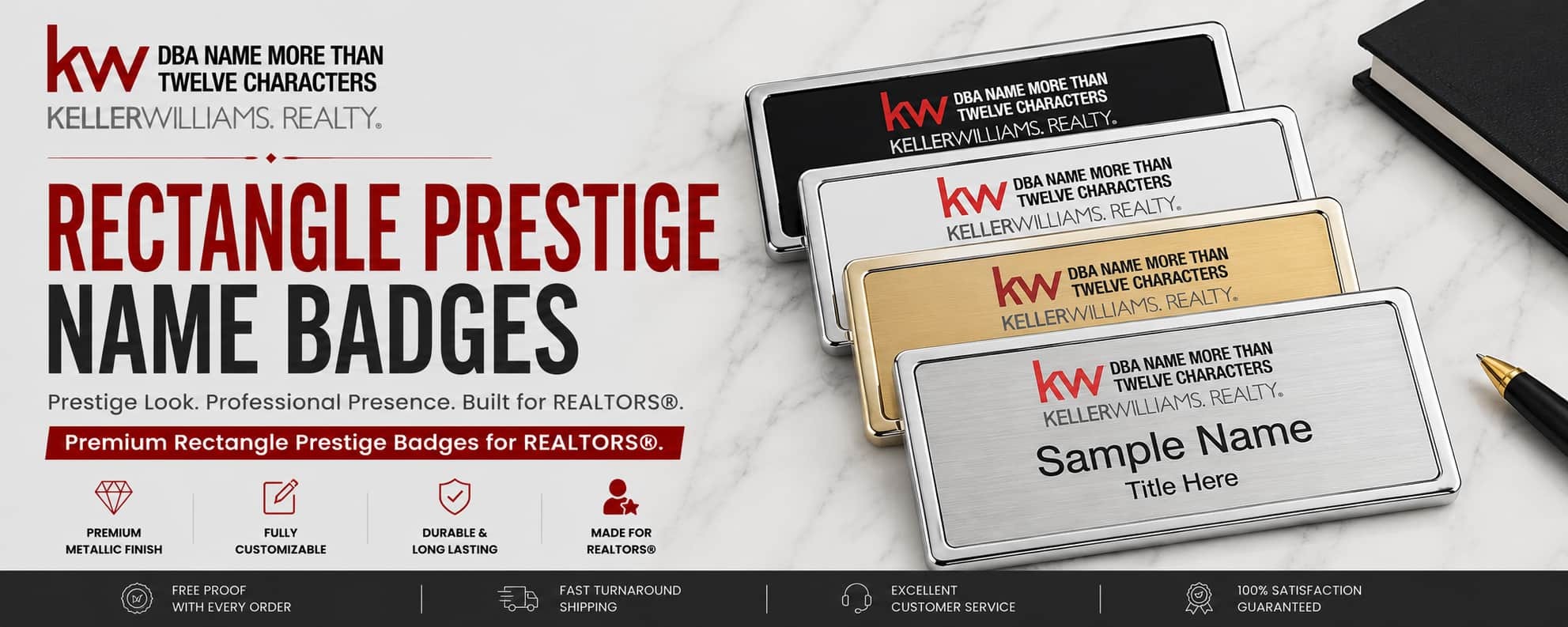 Keller Williams Logo 4 rectangle prestige REALTOR name badges with premium metallic finishes and executive badge designs