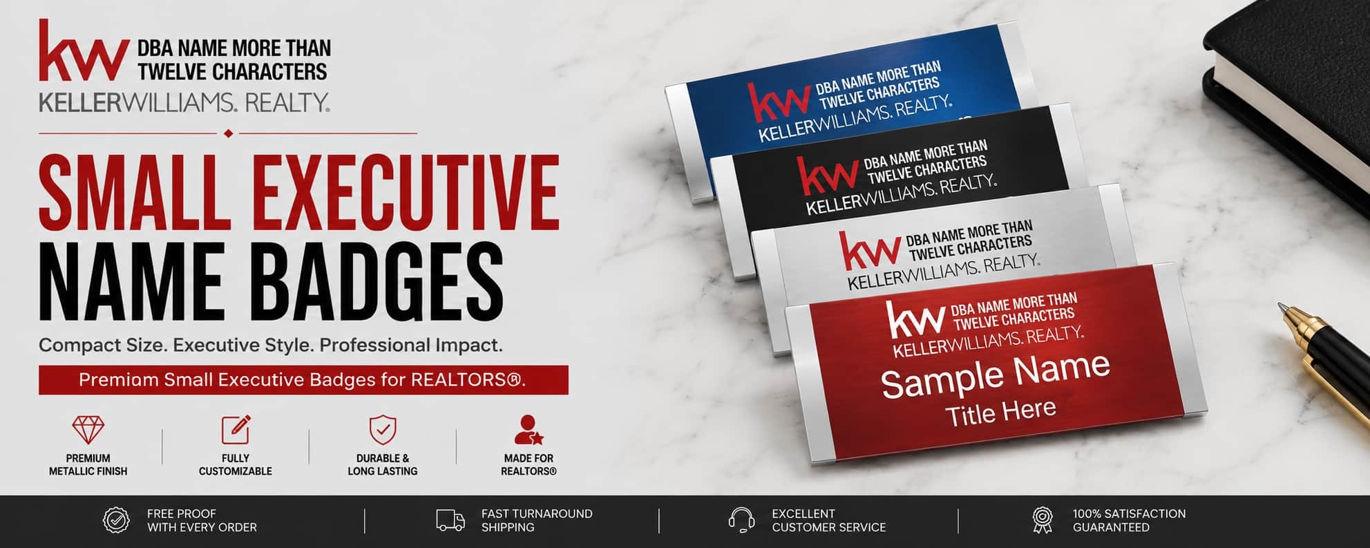 Keller Williams Logo 4 small executive REALTOR name badges with premium metallic finishes and compact executive badge designs