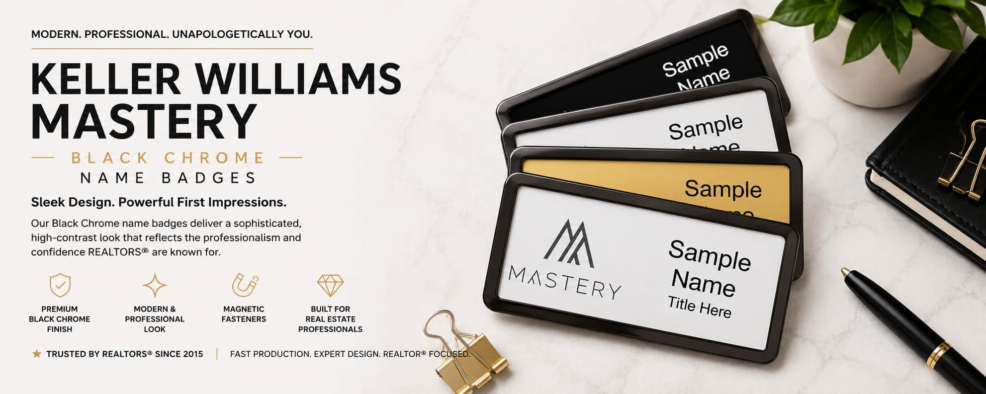 Keller Williams Mastery black chrome name badges for REALTORS and brokers