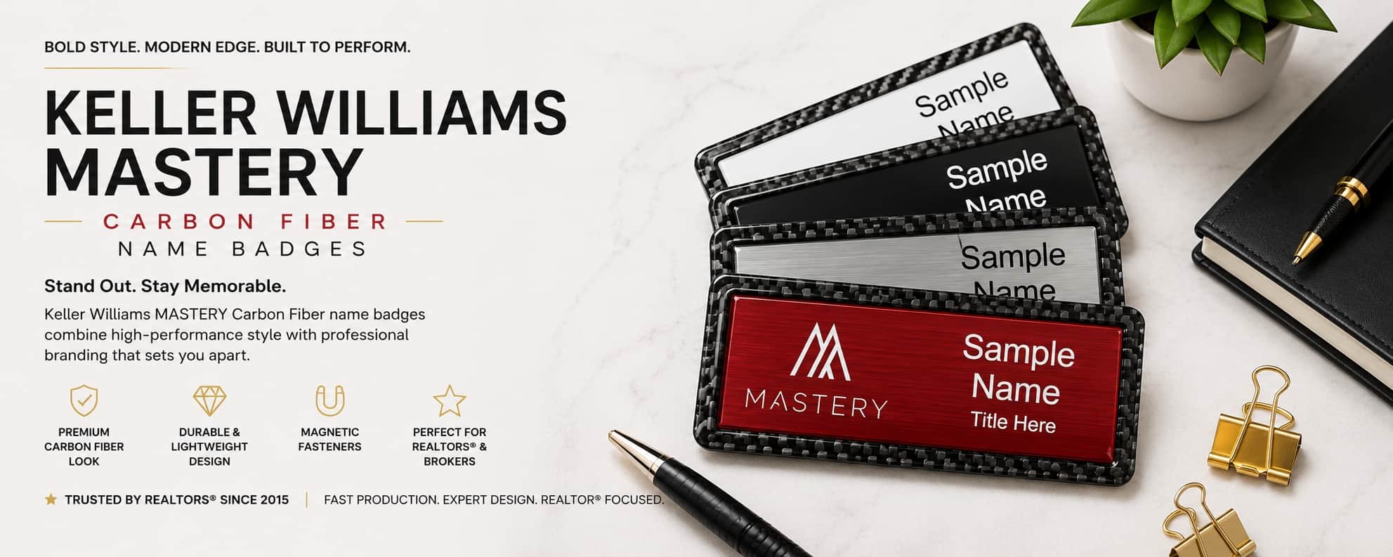 Keller Williams Mastery carbon fiber name badges for REALTORS and brokers