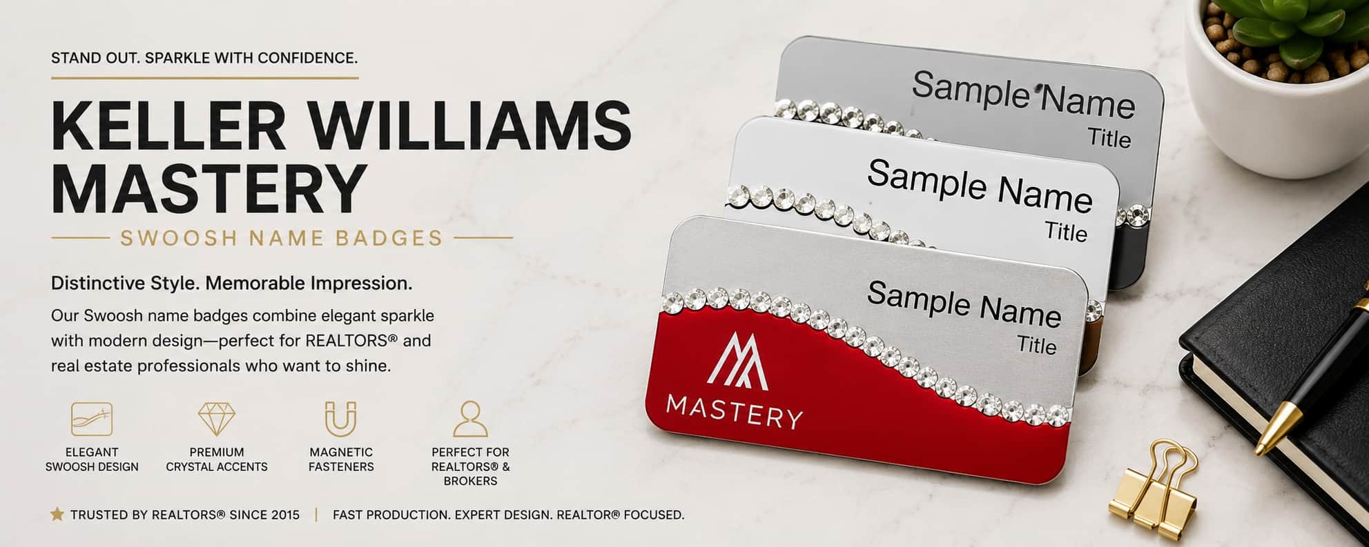 Keller Williams Mastery swoosh name badges for REALTORS and brokers