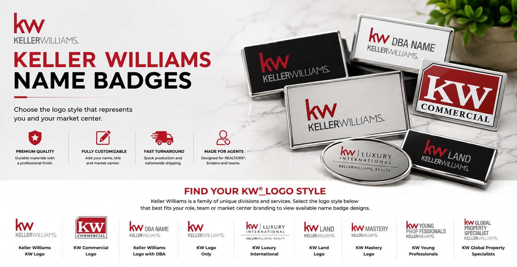 Keller Williams REALTOR name badges with KW logo styles including KW Commercial, KW Luxury, KW Land, and DBA badge options