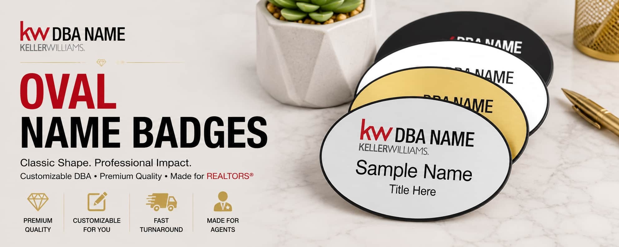 Keller Williams oval name badges with customizable DBA branding for REALTORS and real estate professionals