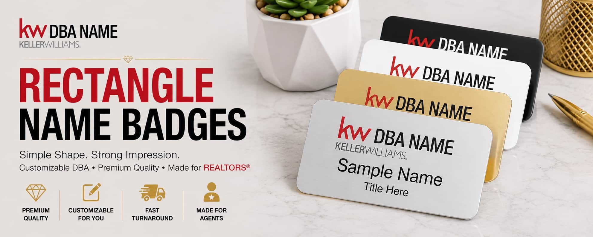Keller Williams rectangle name badges with customizable DBA branding for REALTORS and real estate professionals