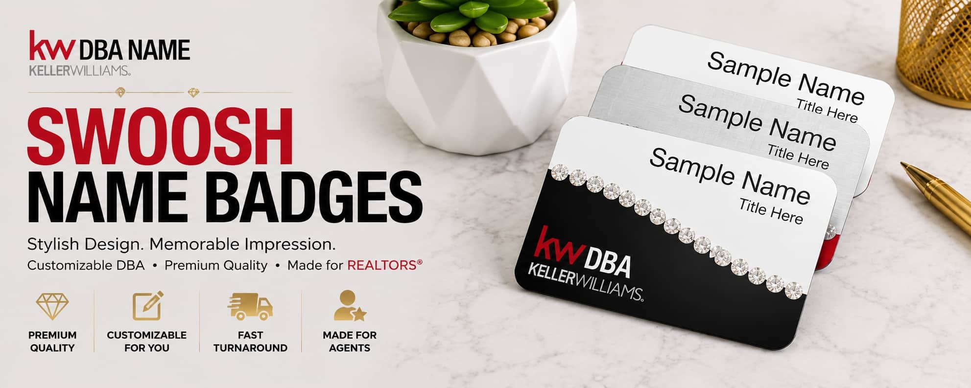 Keller Williams swoosh name badges with customizable DBA branding and modern REALTOR styling