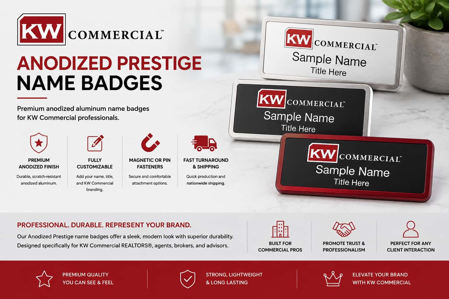 Keller Williams Commercial anodized prestige REALTOR name badges in silver, black, and red metallic finishes