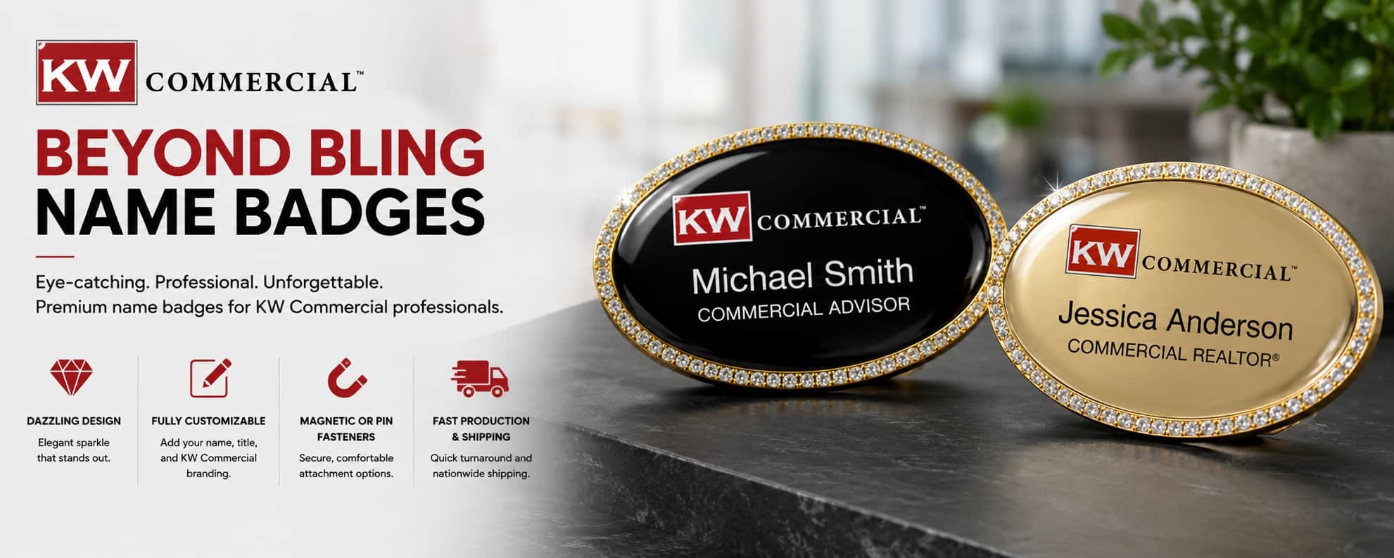 KW Commercial Beyond Bling REALTOR name badges with premium crystal oval badge designs in black and gold finishes