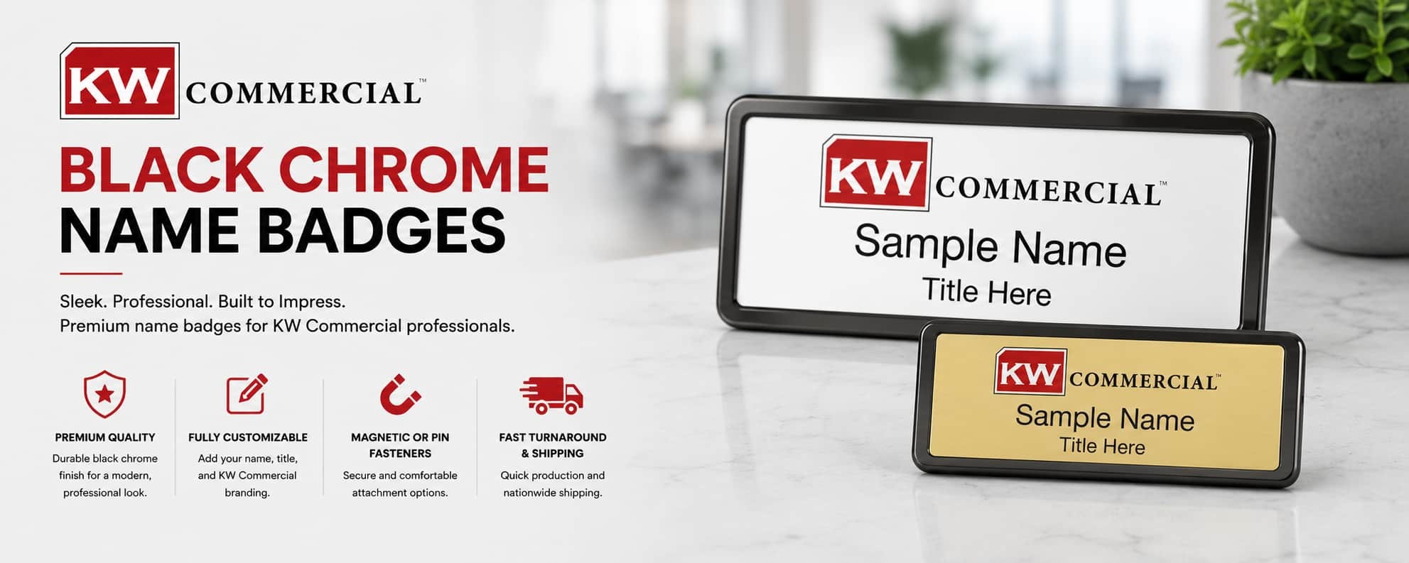 KW Commercial black chrome REALTOR name badges in silver and gold metallic finishes for commercial real estate professionals