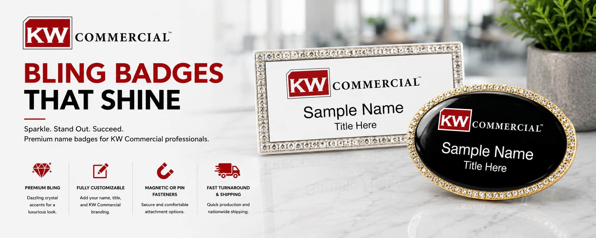 KW Commercial bling REALTOR name badges with crystal accented rectangular and oval badge styles