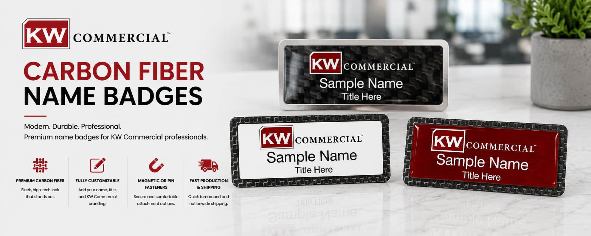 KW Commercial carbon fiber REALTOR name badges with modern black and red carbon fiber badge finishes