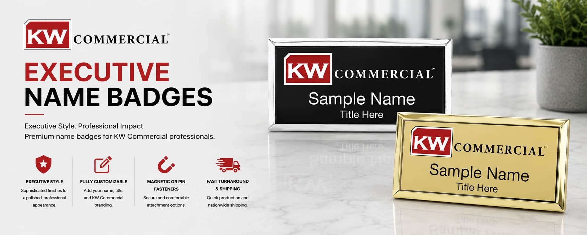 KW Commercial executive REALTOR name badges in premium black and gold metallic finishes