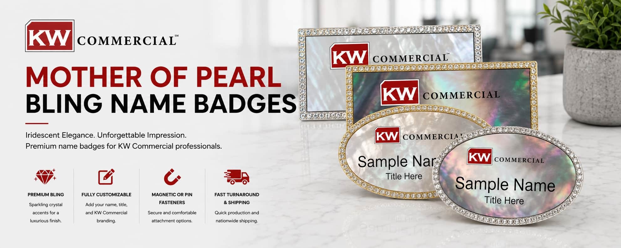 KW Commercial mother of pearl bling REALTOR name badges with iridescent pearl finishes and crystal accented borders