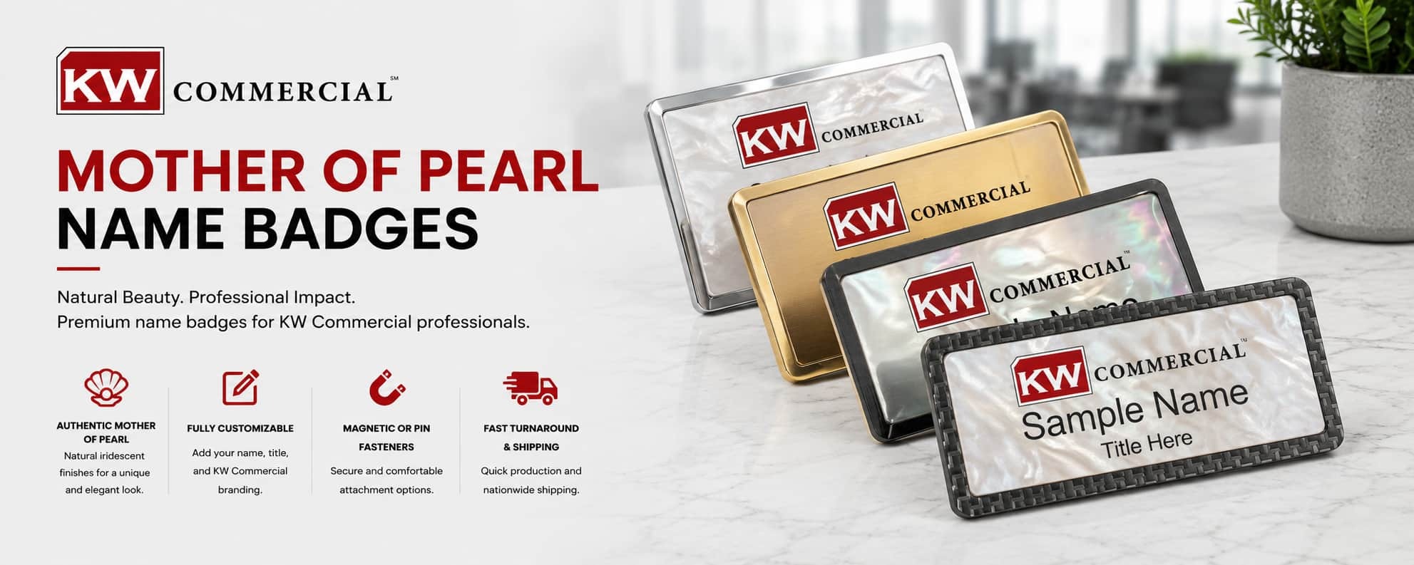 KW Commercial mother of pearl REALTOR name badges with iridescent metallic finishes in silver, gold, and black styles