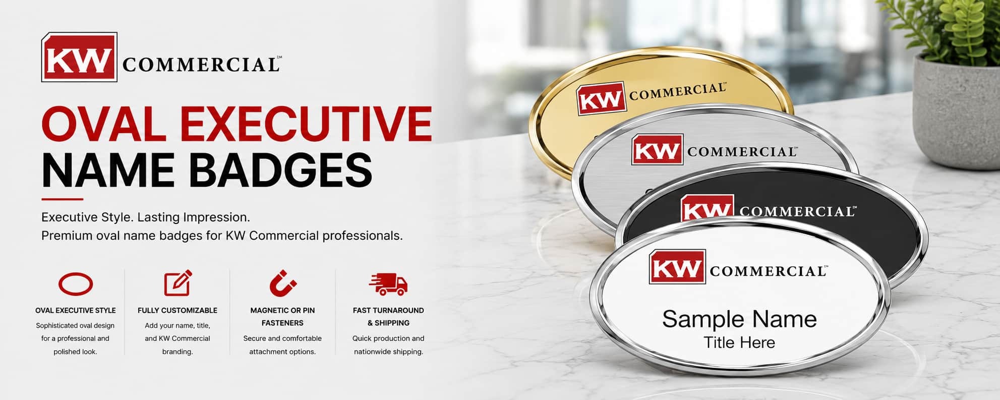 KW Commercial oval executive REALTOR name badges in gold, silver, and black metallic finishes