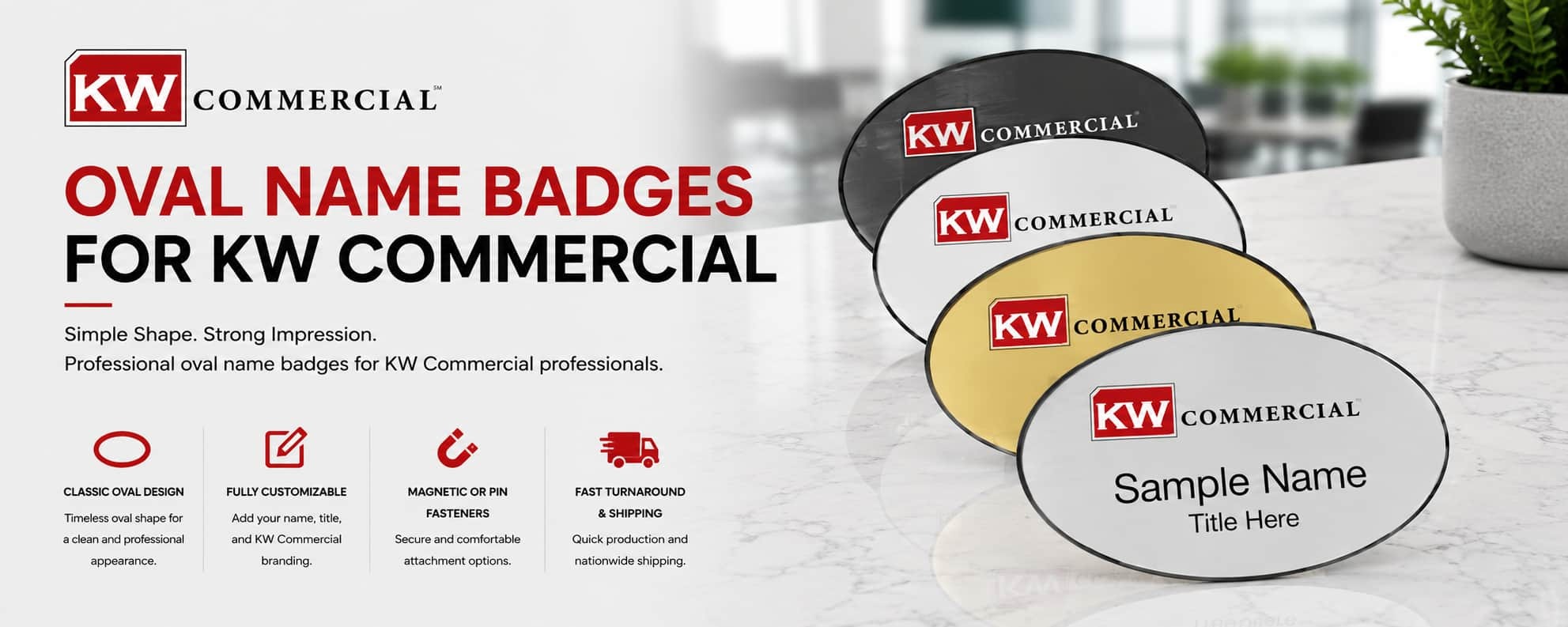 KW Commercial oval REALTOR name badges in black, white, gold, and silver metallic finishes