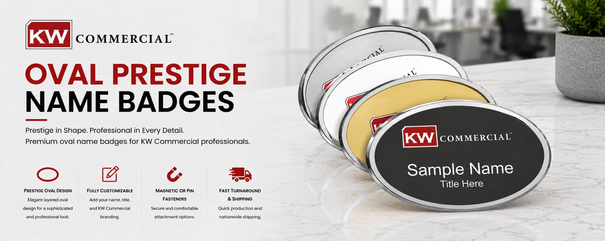 KW Commercial oval prestige REALTOR name badges in black, gold, silver, and white metallic finishes