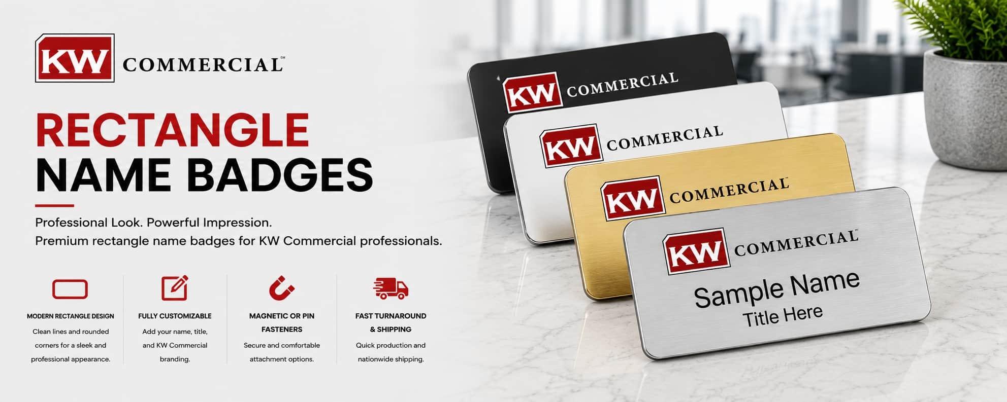 KW Commercial rectangle REALTOR name badges in black, white, gold, and silver metallic finishes