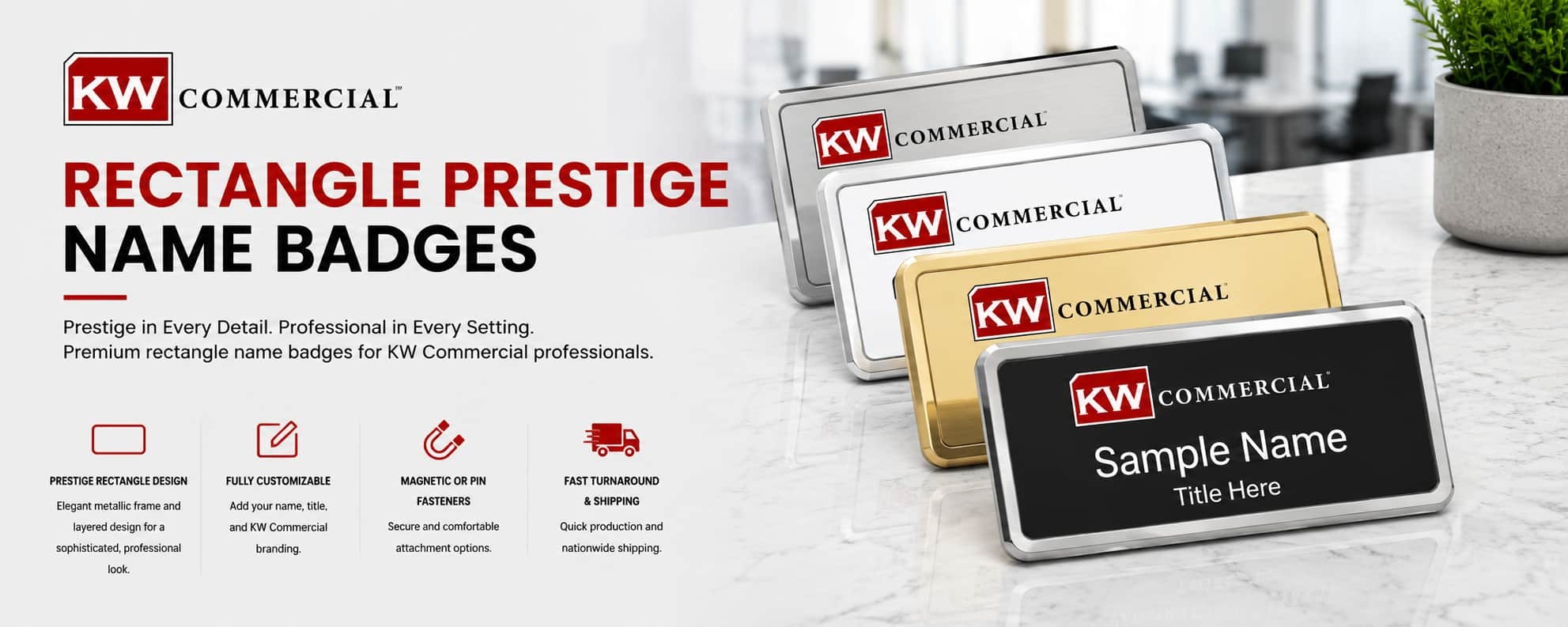 KW Commercial rectangle prestige REALTOR name badges in black, silver, gold, and white metallic finishes