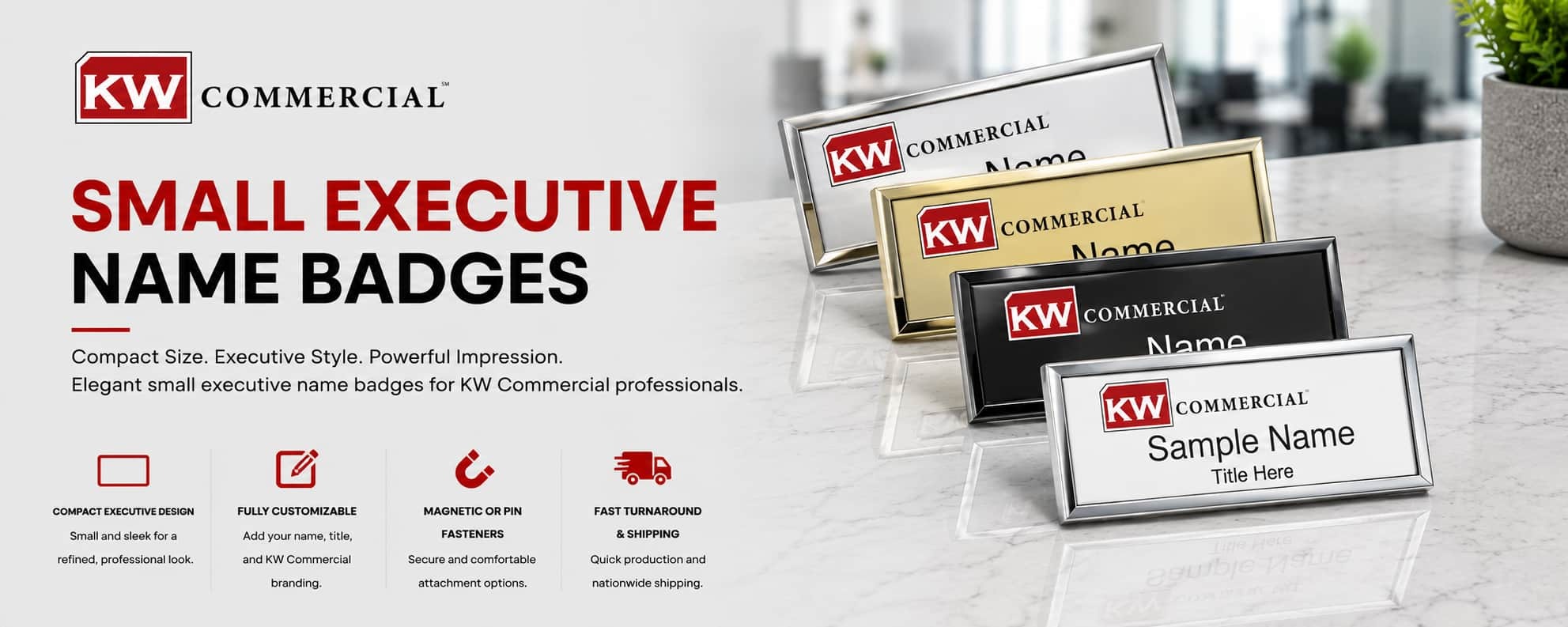 KW Commercial small executive REALTOR name badges in silver, gold, black, and white metallic finishes