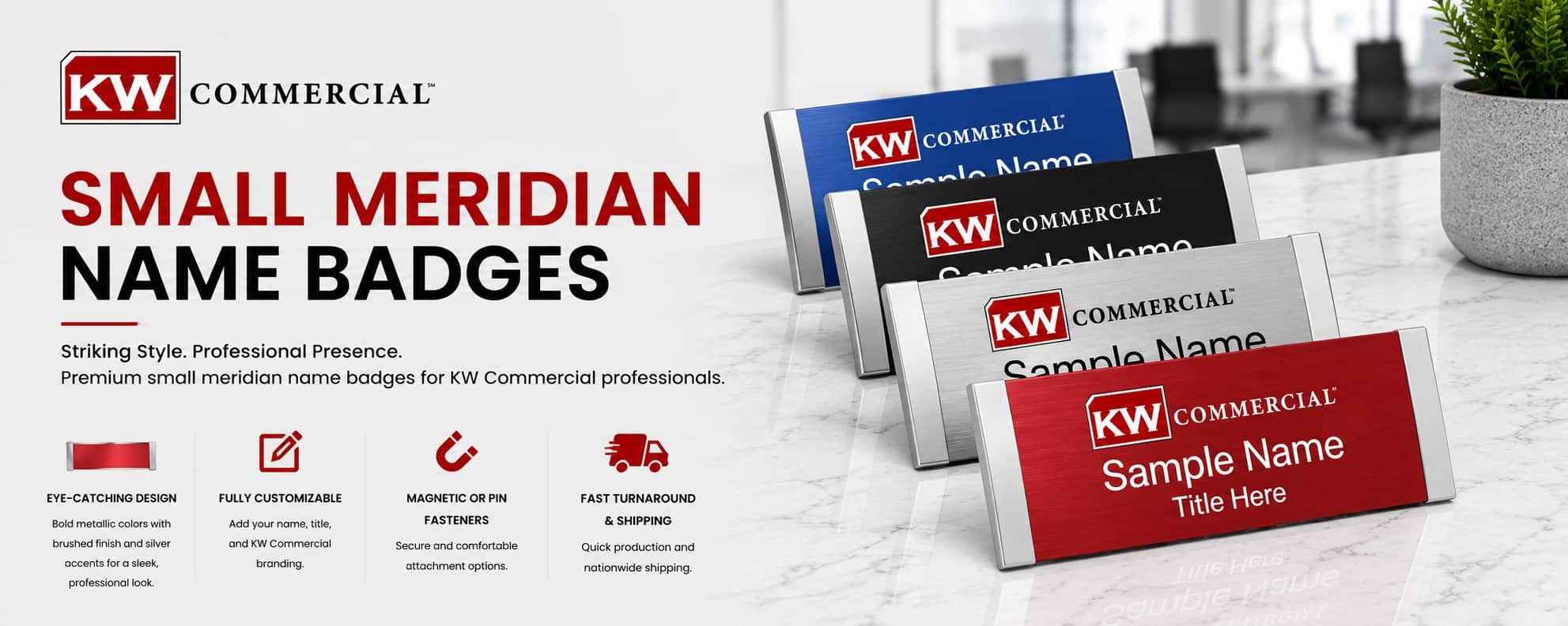 KW Commercial small meridian REALTOR name badges in metallic blue, black, silver, and red finishes
