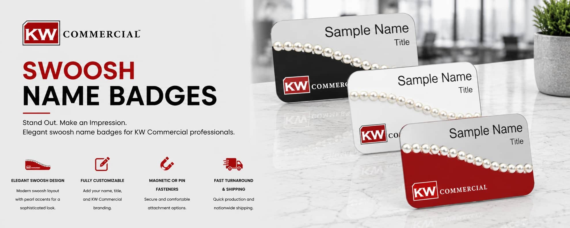 KW Commercial swoosh REALTOR name badges with pearl accent styling in black, silver, and red finishes