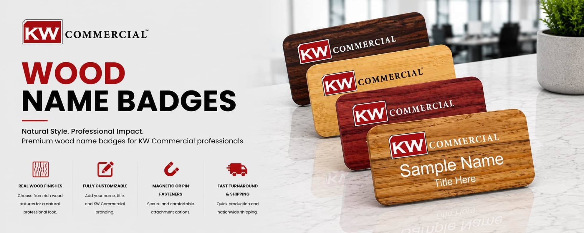 KW Commercial wood REALTOR name badges in natural oak, walnut, cherry, and maple woodgrain finishes
