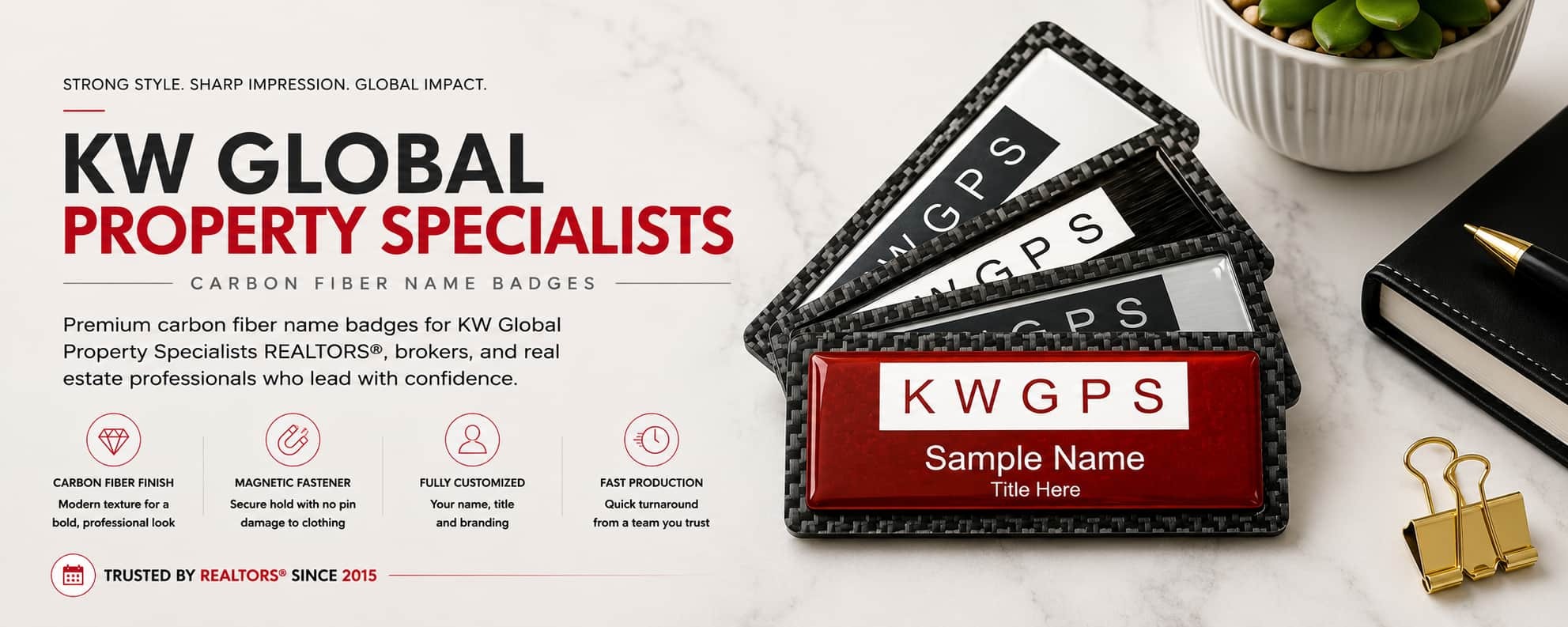KW Global Property Specialists carbon fiber name badges for REALTORS and Keller Williams professionals