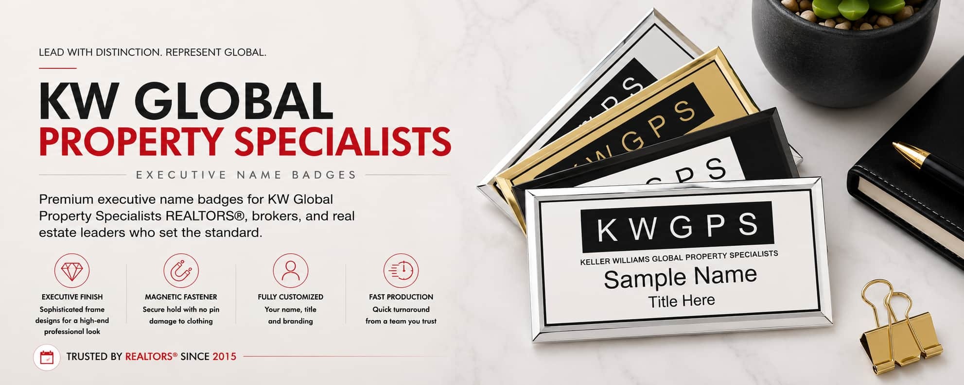KW Global Property Specialists executive name badges for REALTORS and Keller Williams professionals