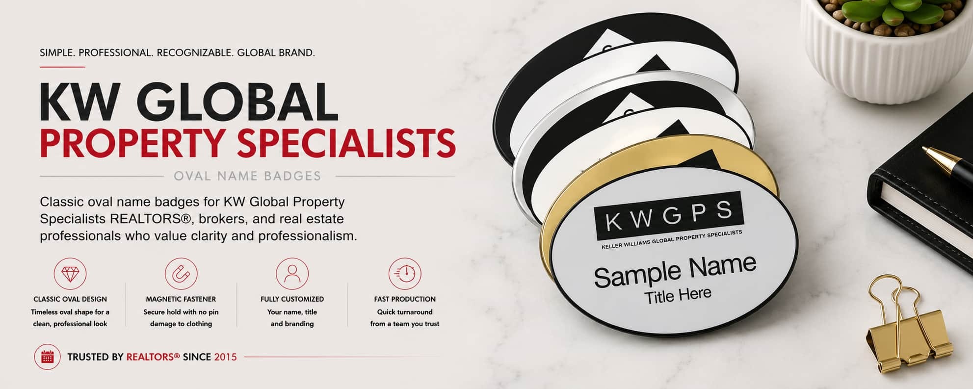KW Global Property Specialists oval name badges for REALTORS and Keller Williams professionals