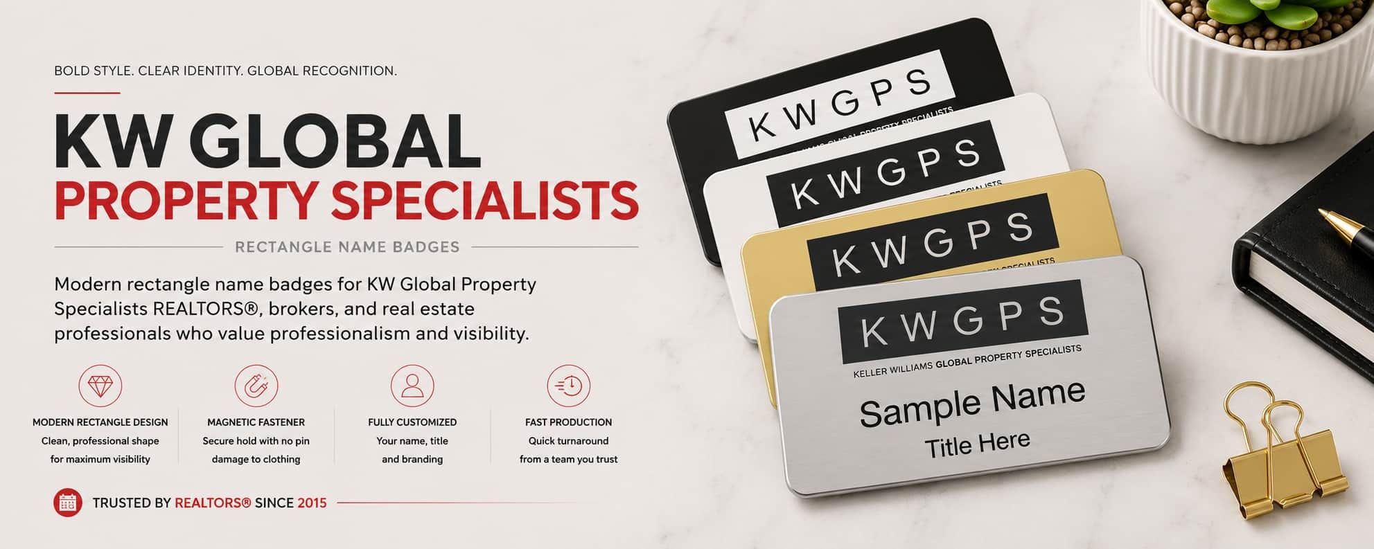 KW Global Property Specialists rectangle name badges for REALTORS and Keller Williams professionals
